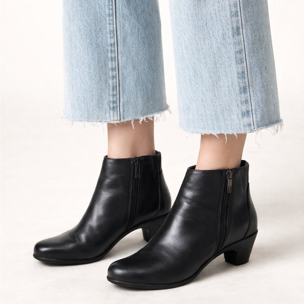 Black Leather Ankle Boots 8M Comfort Low Heel Booties Minimalist Business Casual